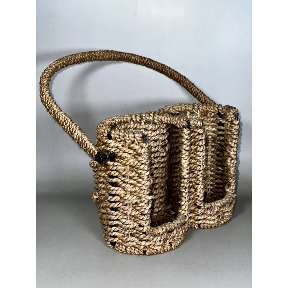 Natural Fiber Woven 2 Bottle Wine Carrier Tote Rustic Seagrass Caddy Gift Basket